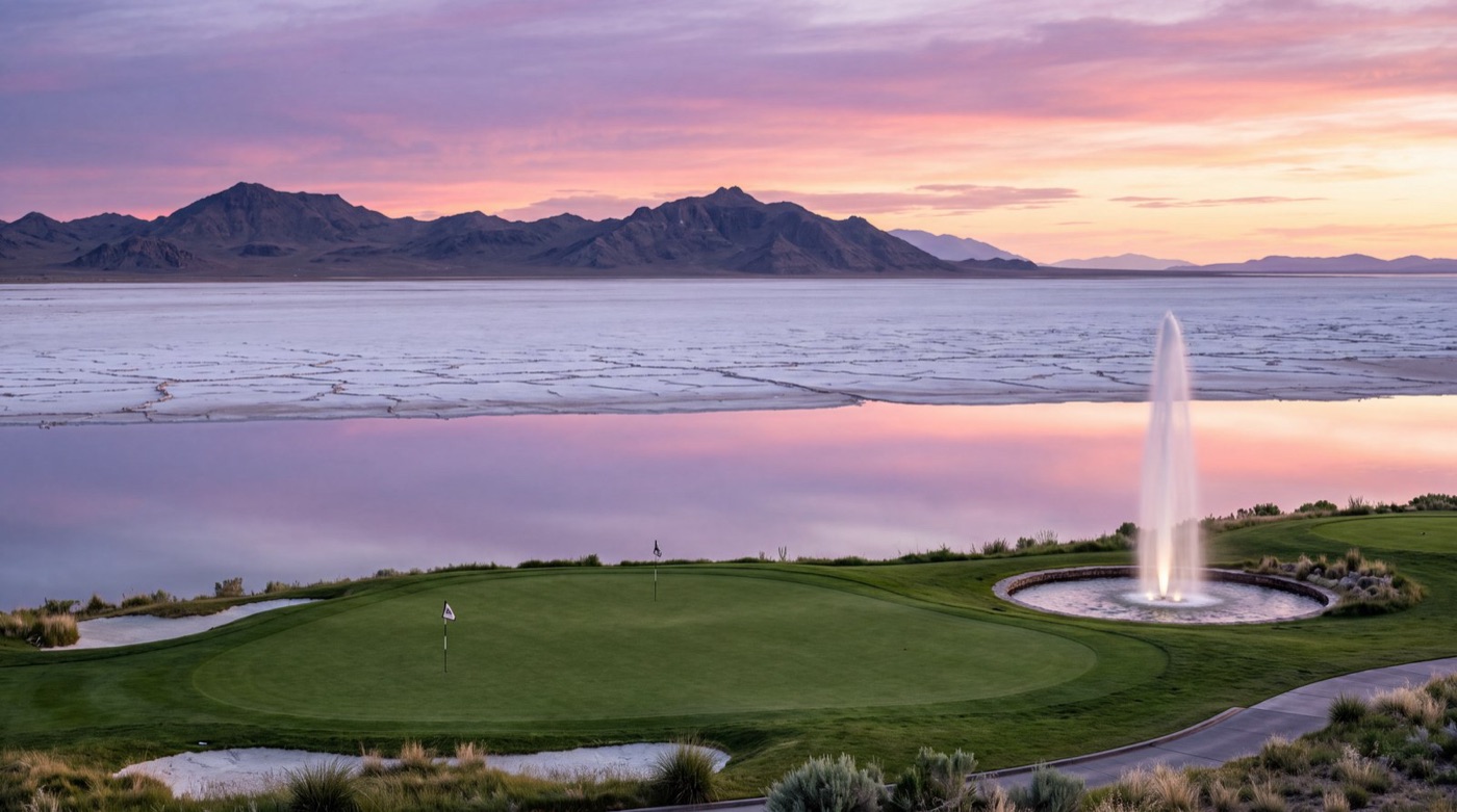 A fountain playing over pink and lavender water at sunset, a green fairway in the foreground, salt flats beyond.