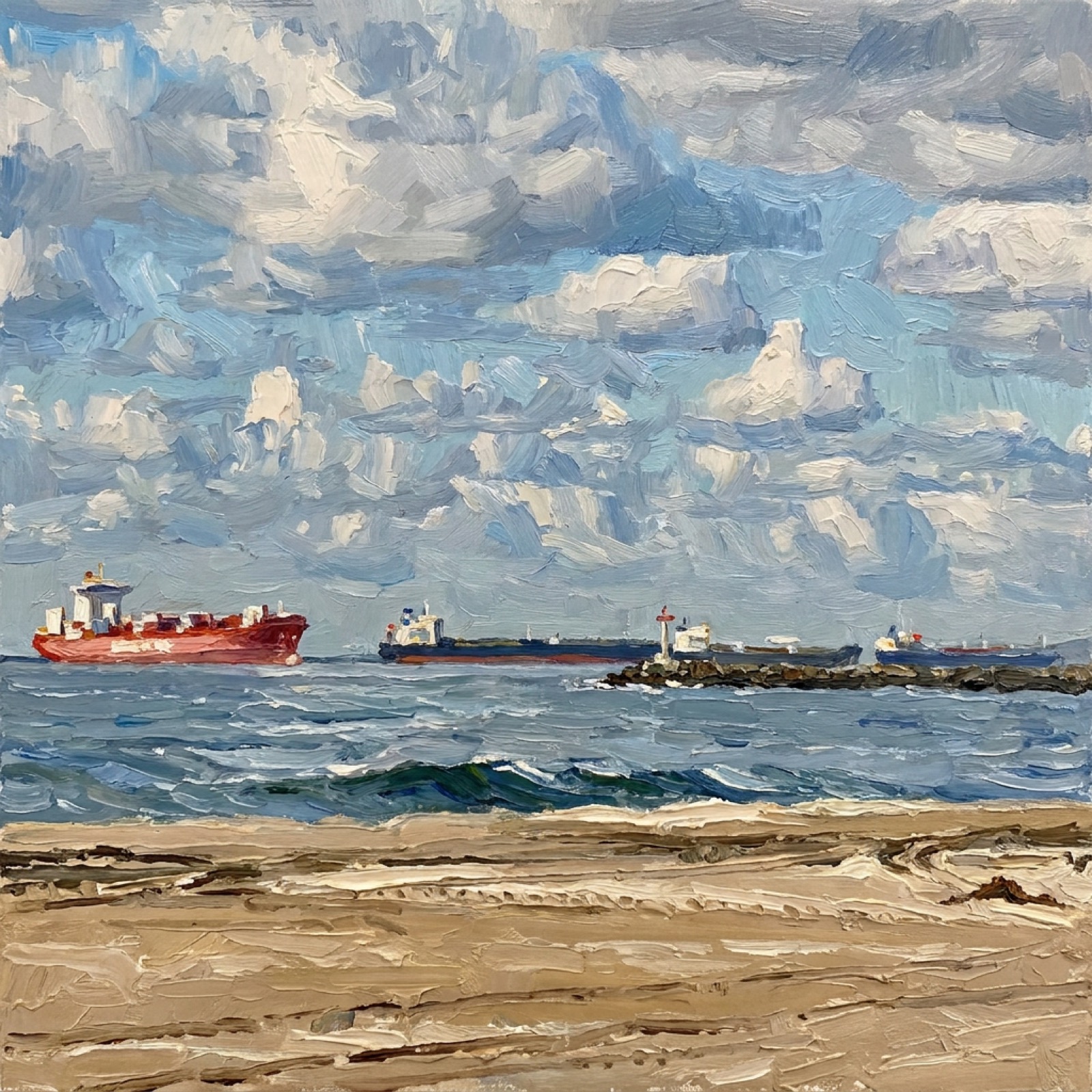An oil painting of cargo ships on open water under a broad cloudy sky, painted from the shore.